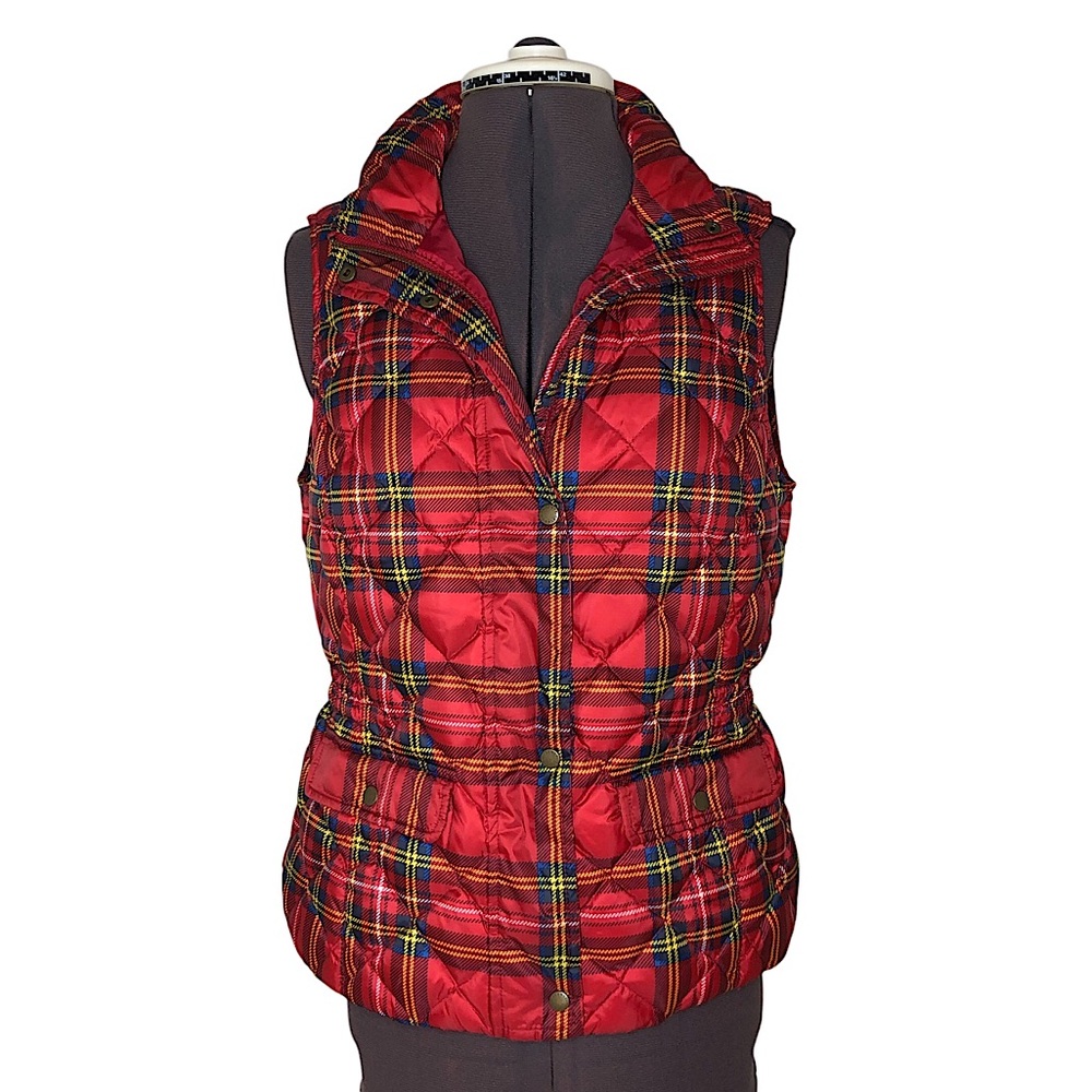 Talbots Down Fill Red Blue Yellow White Quilted Pattern Pockets Puffer Vest‎ SP